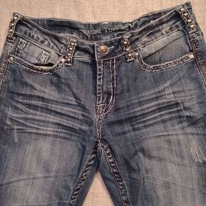 Cowgirl Tuff Distressed Blue Jeans with Studded Details Women's Size 29 X 35